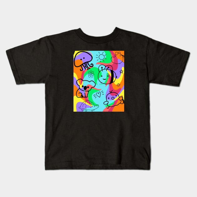 Funny Colorful Rainbow Doodle Animal Pattern Kids T-Shirt by EACreaTeeve